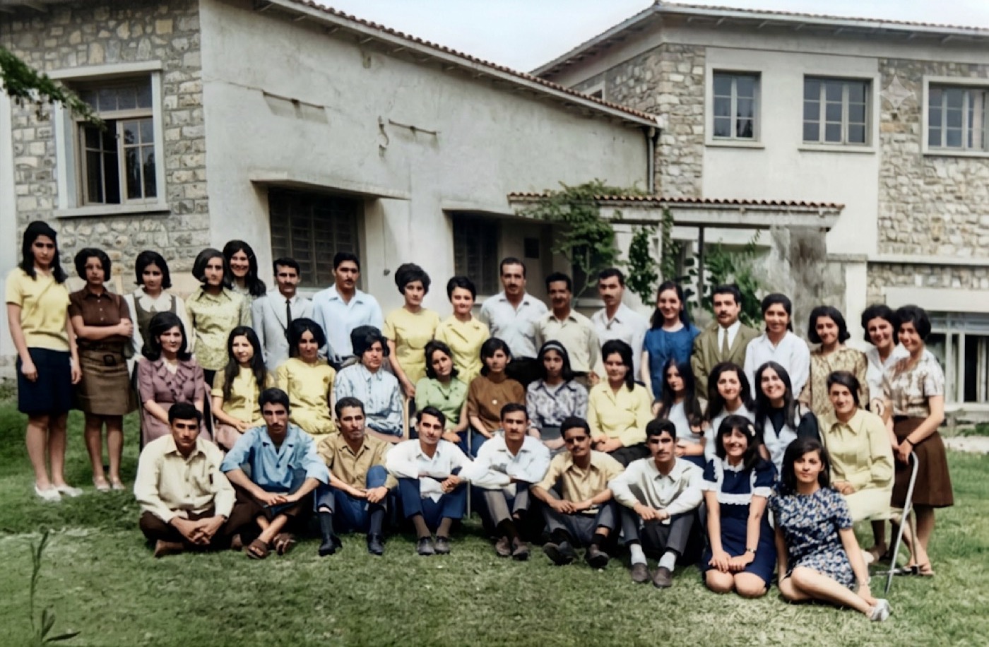 With a group of Botany Department students, academic year 1969/1970. Appearing in the photo are the teaching assistants: Anis Al-Rawi, Khadir Wani Hilo, and Mohamed Al-Rubeai (the photo was coloured later).